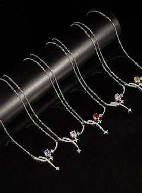 韩式甜美风高级感轻奢四芒星项链时尚紫色粉色高碳钻冰花切锁骨链