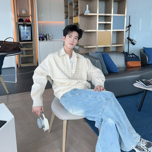 假两件上衣春季 2026新品 长袖 男款 纯棉衬衣 男生巨好看复古格子衬衫