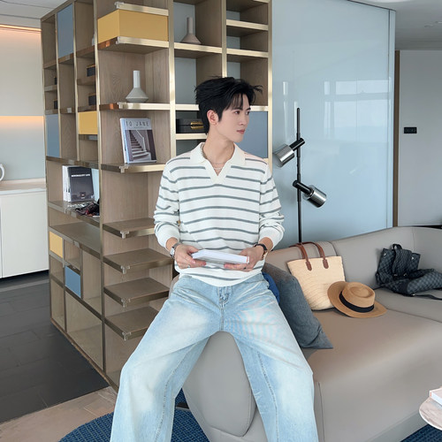 韩系超好看条纹控针织衫polo领男