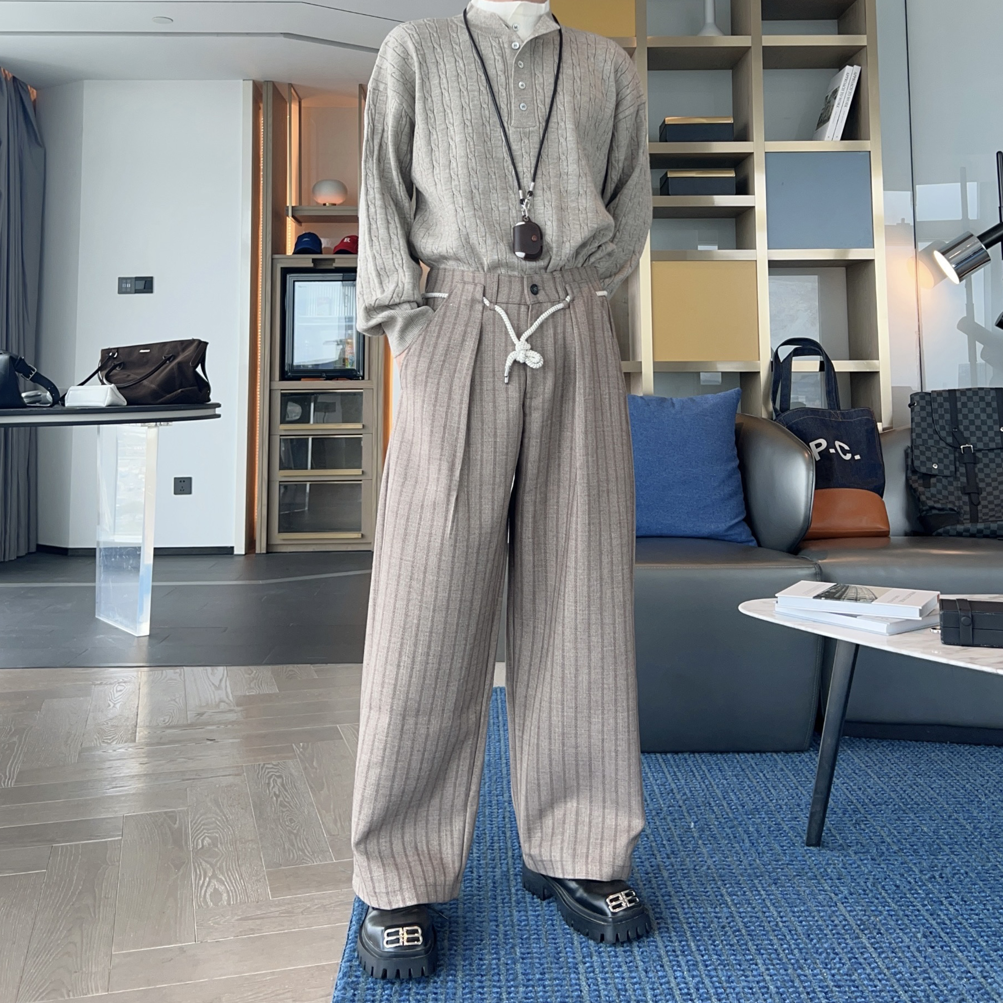 秋冬老钱风条纹阔腿西裤高级感男