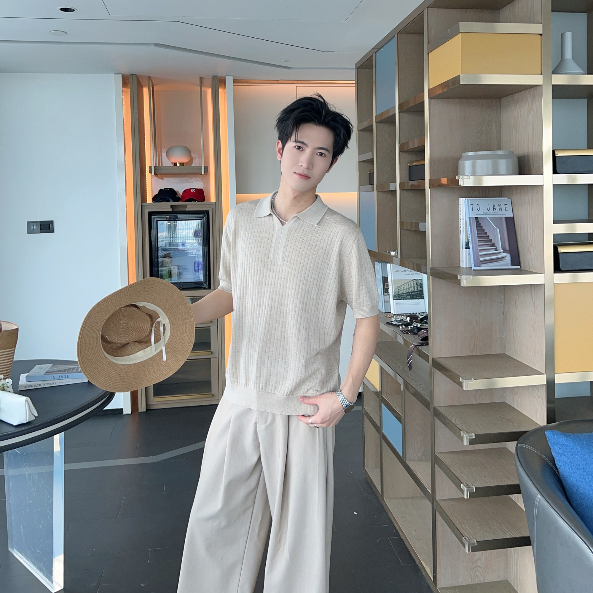 夏季含羊毛桑蚕丝格纹针织上衣老钱风正肩短袖T恤男款百搭polo衫