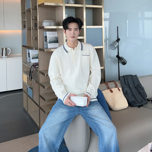 含绵羊毛撞色POLO领针织衫男百搭