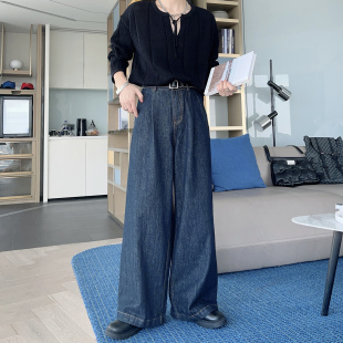 春秋复古高级感原色深蓝丹宁阔腿牛仔裤 子 男直筒宽松百搭拖地长裤