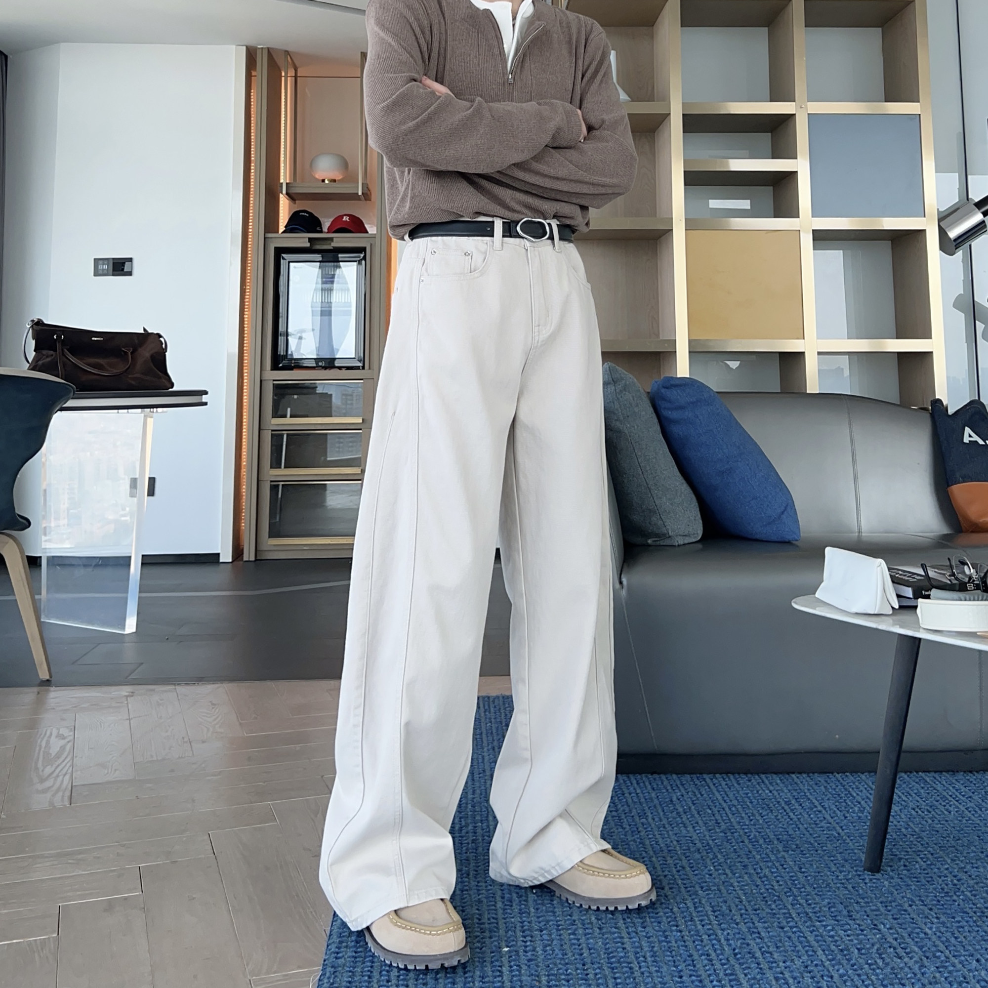 潮牌痞帅白色牛仔裤2026新款男装宽松直筒裤韩版纯棉阔腿百搭裤子