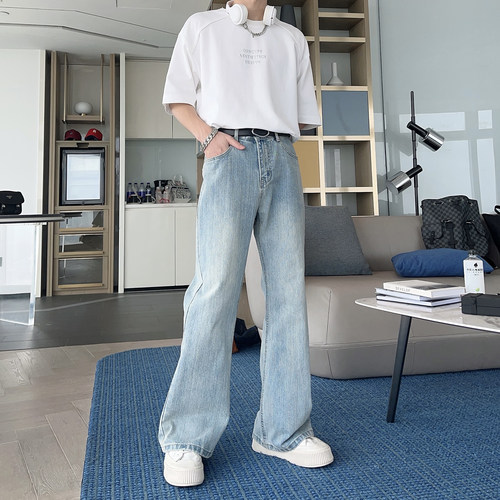 cleanfit竹节纹微喇浅蓝色牛仔裤