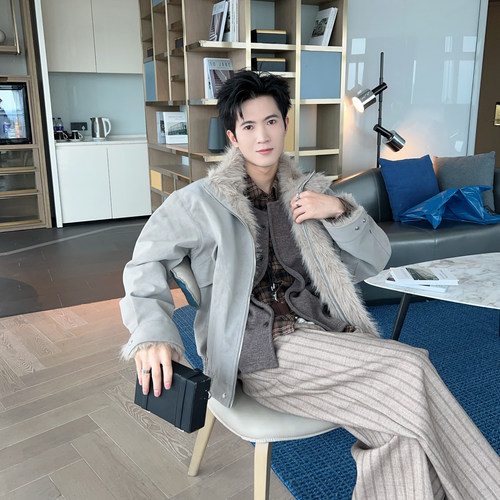 冬季座山雕夹棉棉服男款麂皮棉衣