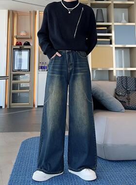 美式复古立体剪裁水洗黄泥牛仔裤vintage做旧直筒宽松裤阔腿长裤