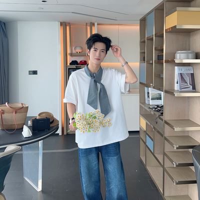 超好看飘带设计款白色短袖T恤男