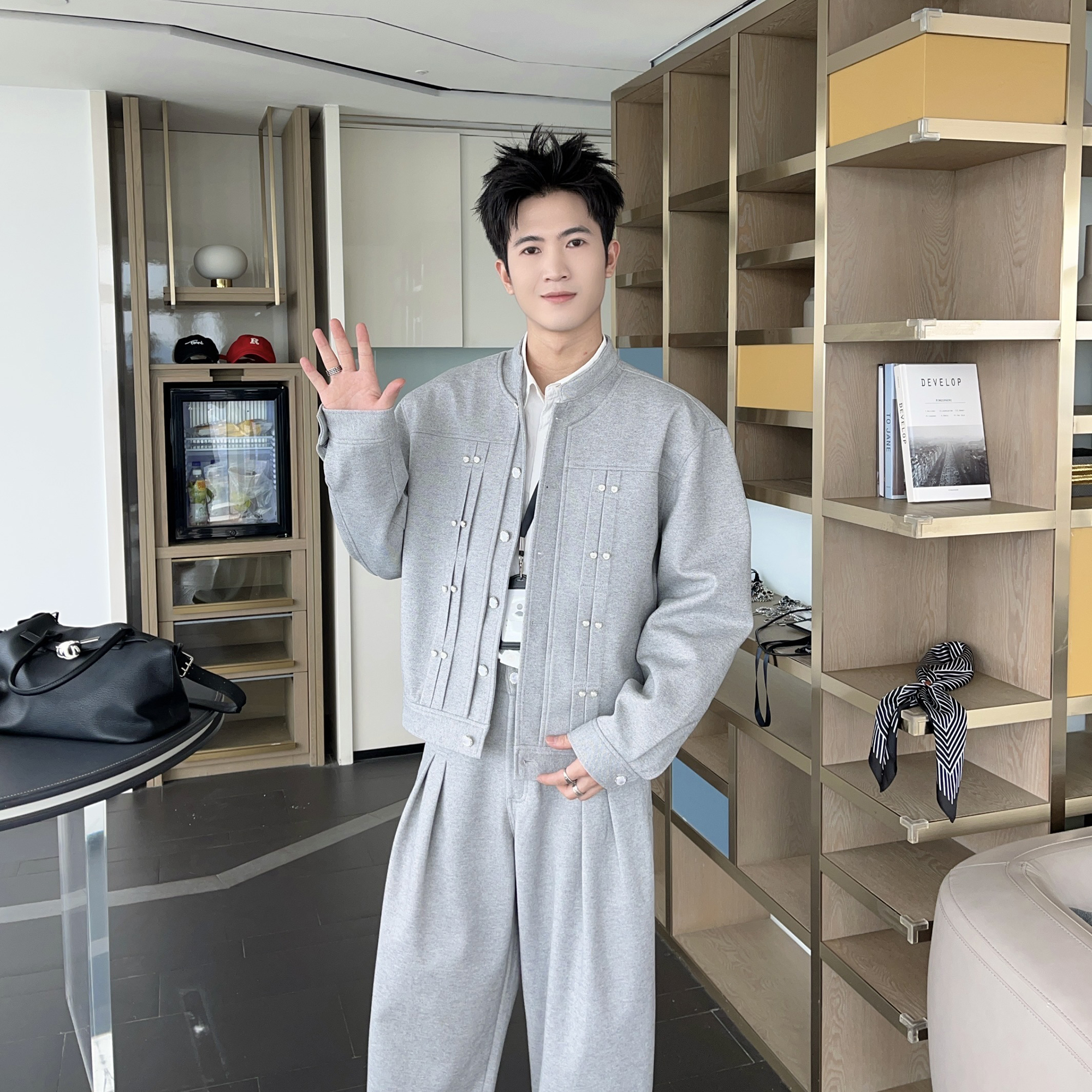 秋冬小香风立领夹克加厚时尚套装