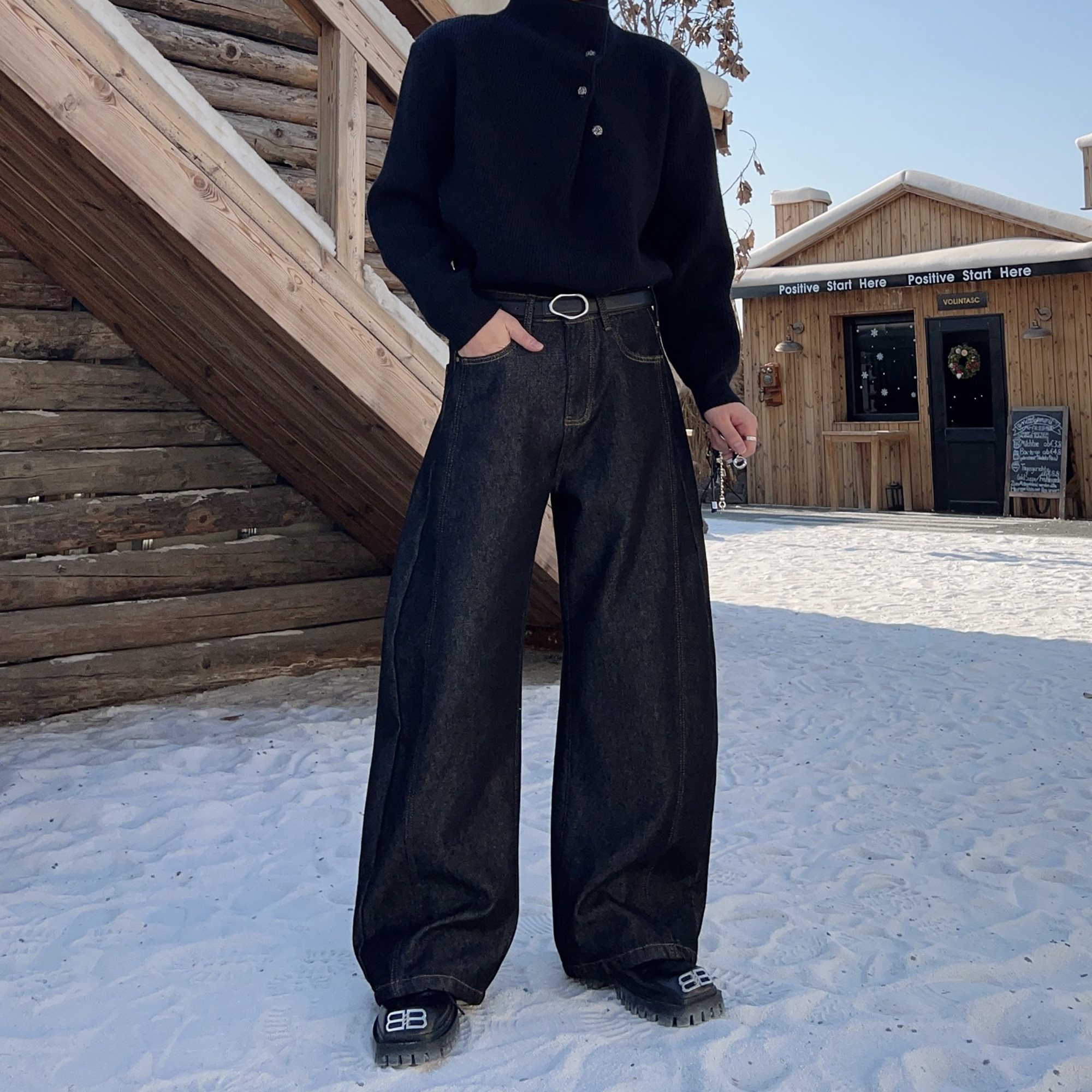 冬季加绒加厚原牛黑色牛仔裤宽松保暖裤子男款潮流百搭阔腿弯刀裤,男装,牛仔裤,淘宝优惠券,粉丝福利购,淘宝优惠卷