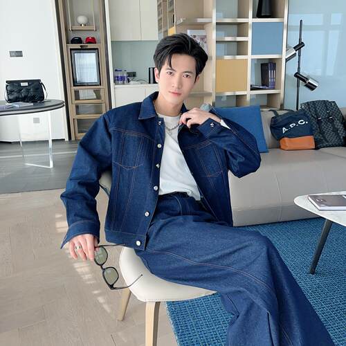 春秋痞帅丹宁深蓝原色牛仔套装男