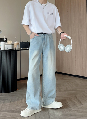 韩版立体剪裁水洗蓝色直筒牛仔裤男生宽松休闲百搭阔腿痞帅长裤子