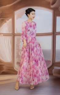 25春夏度假沙滩女士真丝长袖百分百桑蚕丝长款连衣裙梦幻紫定位花