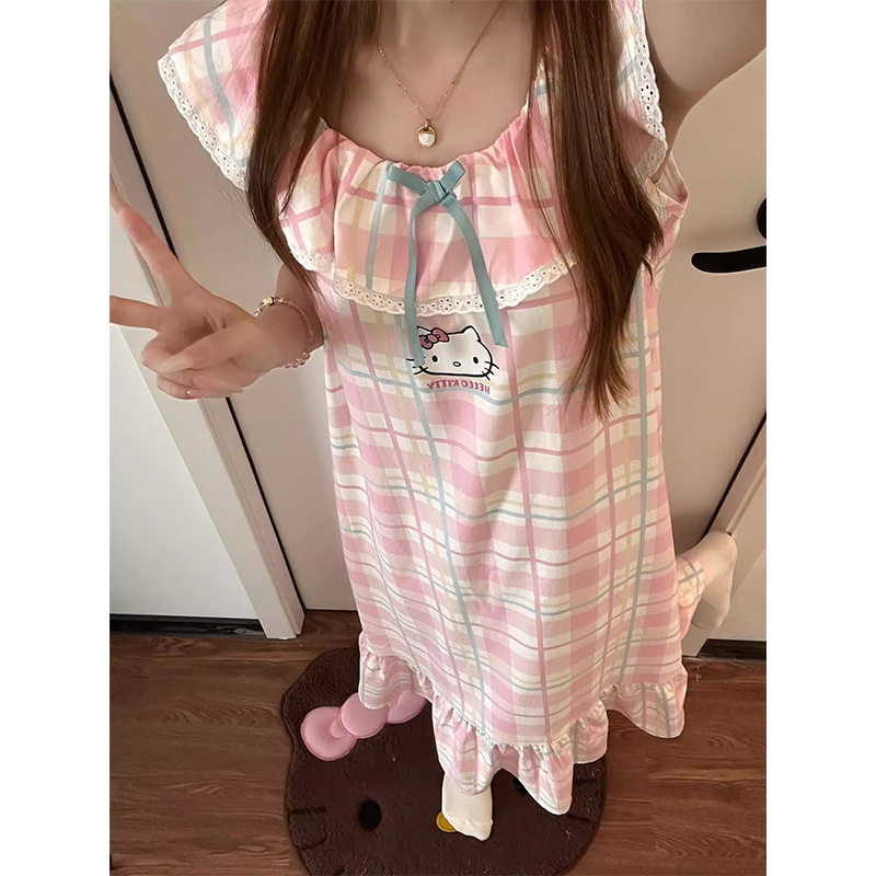可爱凯蒂猫印花小飞袖睡衣女款夏季新款格纹睡裙家居服连衣裙