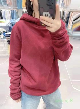加绒短款纯色磨毛连帽卫衣