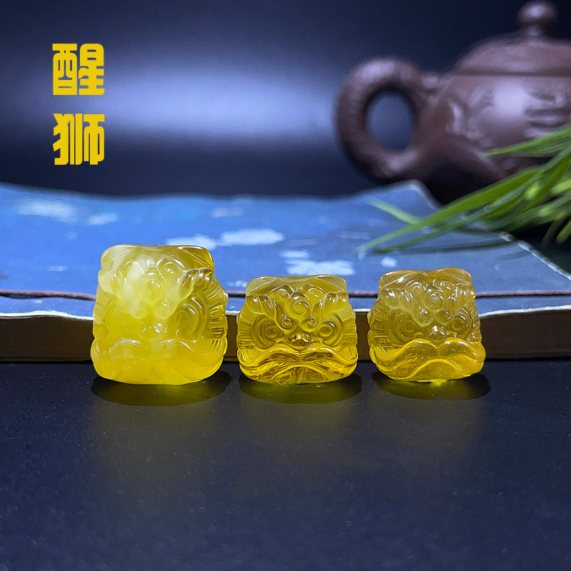天然原矿琥珀蜜蜡醒狮头手串配饰隔珠背云散珠狮子头吊坠diy配件