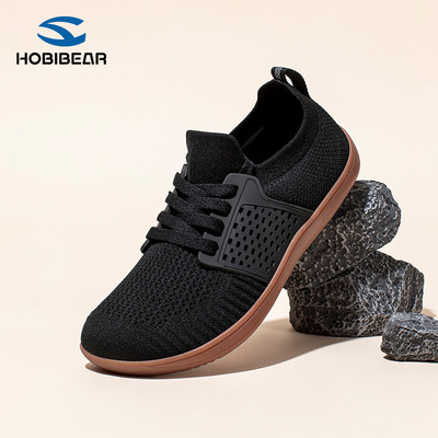 HOBIBEAR透气网男鞋男款2025新款秋季商务休闲鞋赤足鞋黑色宽头鞋