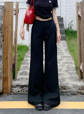 3MER哦哦三妹灰色辣妹微喇休闲裤女秋设计感修身显瘦拖地西装裤子