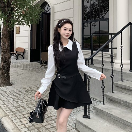 3MER假两件拼接西装小黑裙