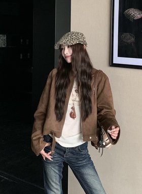 3MER哦哦三妹美拉德麂皮绒棕色短款外套女秋冬新款复古夹克飞行服
