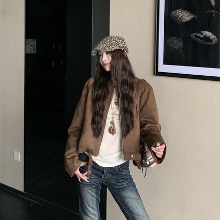 3MER哦哦三妹美拉德麂皮绒棕色短款外套女秋冬新款复古夹克飞行服
