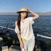 上衣 韩系百搭露肩短袖 3MER哦哦三妹 高智感斜肩T恤女2026春夏新款