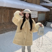 3MER哦哦三妹蝴蝶结领呢子大衣女秋冬新款 甜美中长款 夹棉毛呢外套