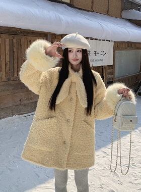 3MER哦哦三妹蝴蝶结领呢子大衣女秋冬新款甜美中长款夹棉毛呢外套