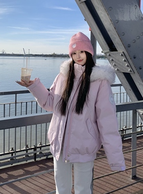 3MER哦哦三妹90白鸭绒大毛领连帽羽绒服女冬季新款情侣保暖派克服