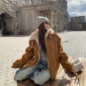 新款 3MER哦哦三妹 毛毛拼接麂皮机车棉服女冬季 保暖夹棉棉衣外套