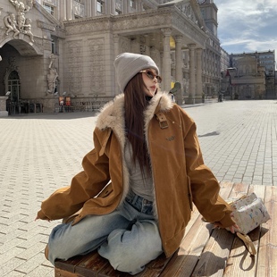 3MER哦哦三妹 毛毛拼接麂皮机车棉服女冬季新款保暖夹棉棉衣外套