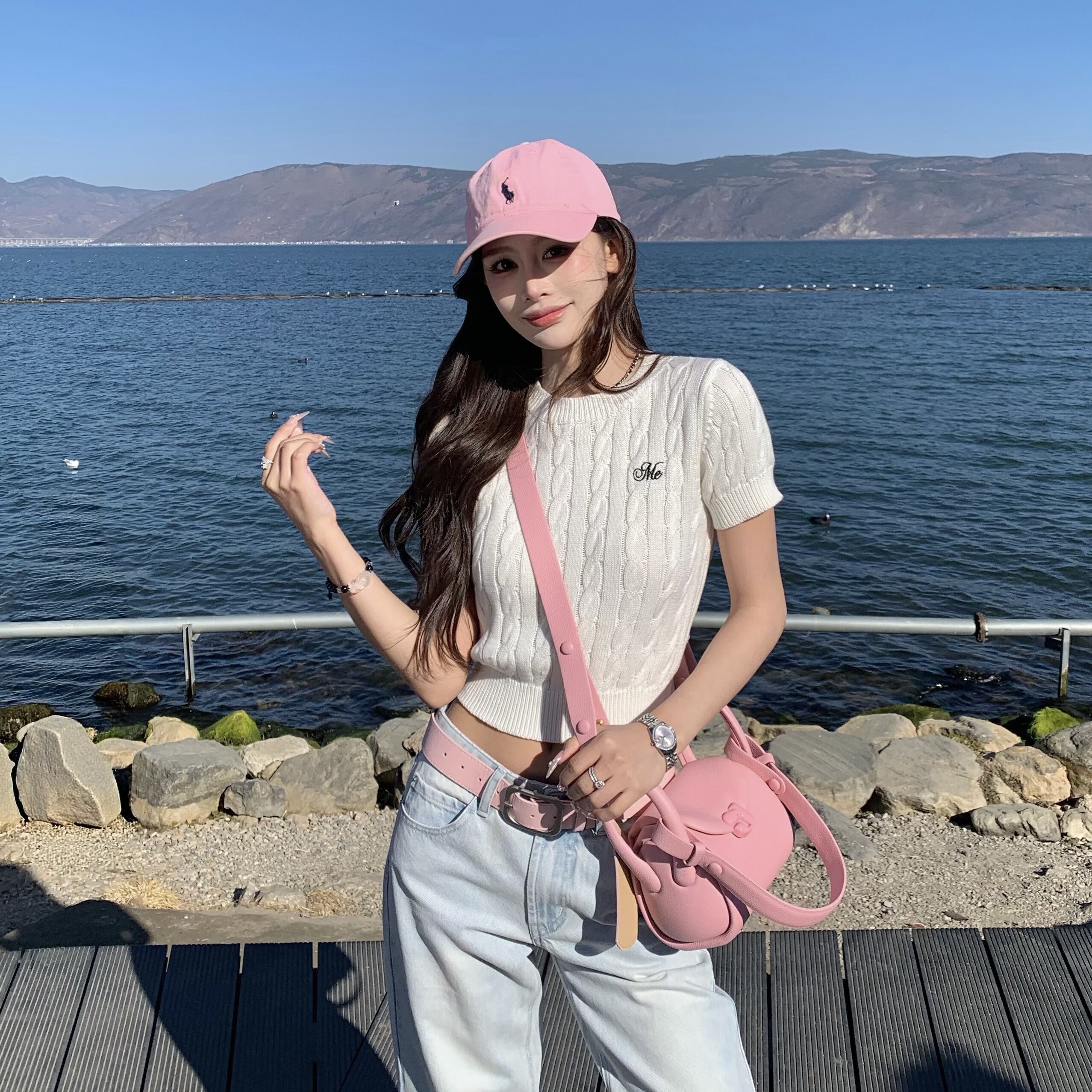 3MER哦哦三妹 白色短款麻花针织衫T恤女春夏辣妹圆领刺绣短袖上衣