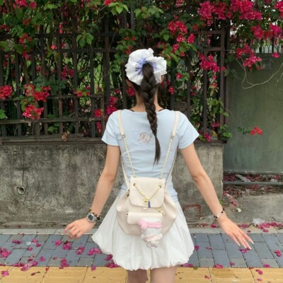 3MER纯欲风正肩U领蓝色短袖T恤