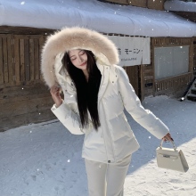 3MER哦哦三妹貉子毛领白鸭绒连帽羽绒服女冬保暖白色短款修身外套