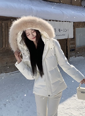3MER哦哦三妹貉子毛领白鸭绒连帽羽绒服女冬保暖白色短款修身外套