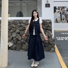 3MER哦哦三妹韩系深蓝色原牛仔马甲背心半裙套装女百搭复古两件套
