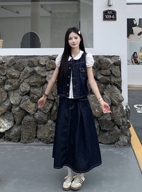 3MER哦哦三妹韩系深蓝色原牛仔马甲背心半裙套装女百搭复古两件套