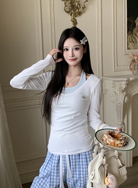 3MER哦哦三妹V领长袖T恤罩衫挂脖吊带背心秋季防晒上衣两件套装女