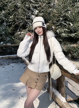 3MER哦哦三妹90白鸭绒连帽毛领羽绒服女冬季保暖显瘦收腰短款外套