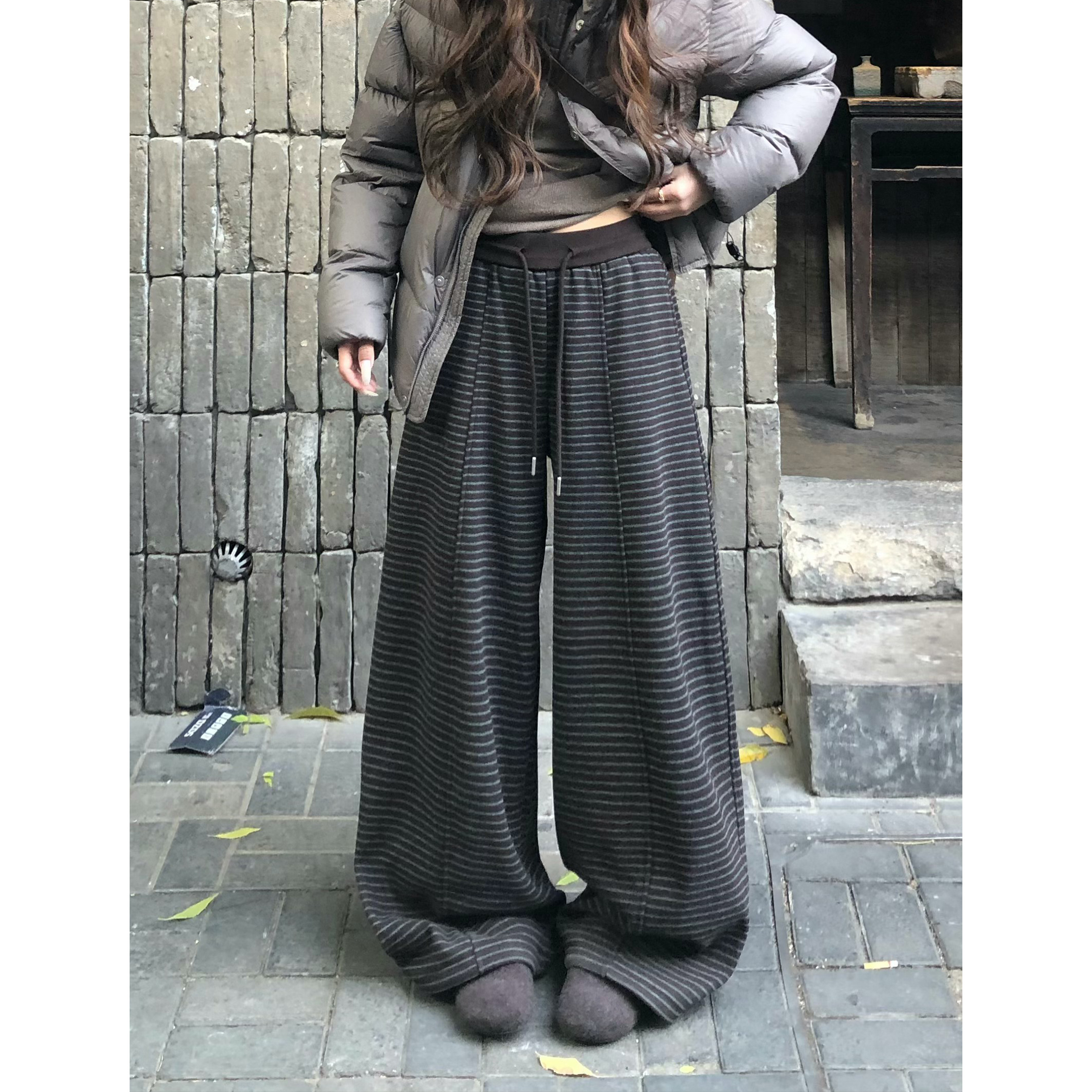 3MER哦哦三妹韩系慵懒显瘦加绒条纹休闲裤女冬松弛感宽松阔腿裤子