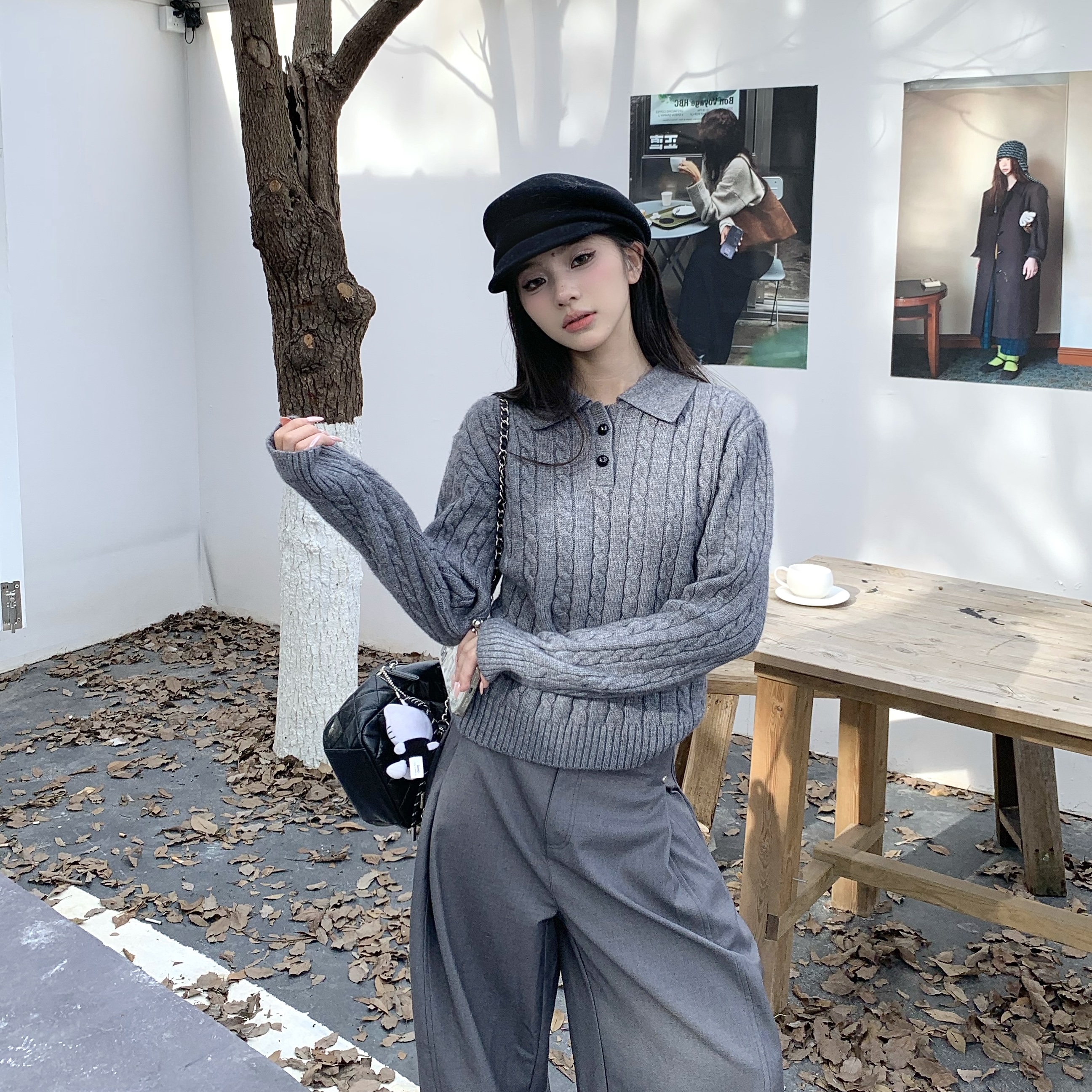 3MER韩女正肩POLO领毛衣