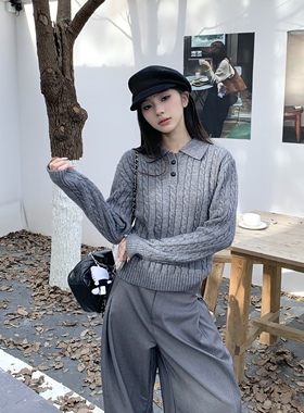 3MER哦哦三妹复古麻花plol针织衫女秋冬长袖外穿毛衣修身短款上衣