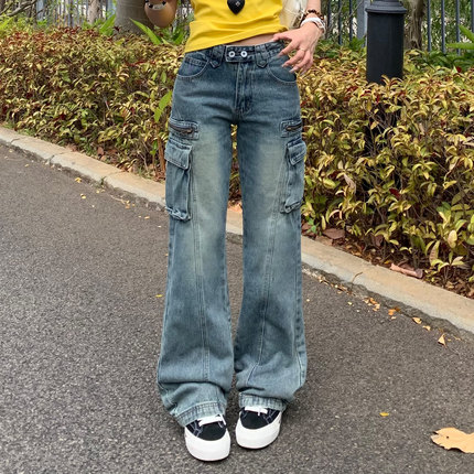 3MER哦哦三妹美式复古窄版不贴腿工装牛仔裤女设计感水洗微喇裤子