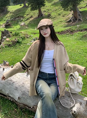 3MER哦哦三妹针织衫女2025新款春秋开衫三条杠慵懒风毛衣外套上衣