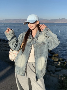3MER哦哦三妹 美式复古拉链牛仔外套女春季新款宽松翻领夹克上衣