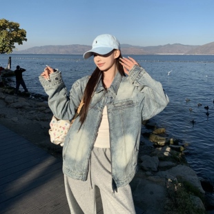 新款 复古拉链牛仔外套女春季 宽松翻领夹克上衣 美式 3MER哦哦三妹