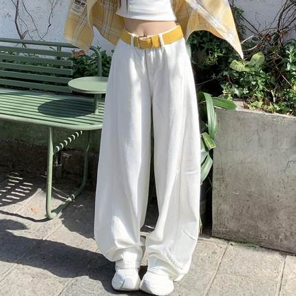 3MER哦哦三妹百搭重工拼接弯刀牛仔裤女中腰拖地阔腿裤子直筒长裤