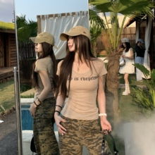 3MER哦哦三妹 美式复古U领纯欲微透短袖T恤女夏显瘦辣妹正肩上衣