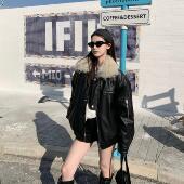 3MER哦哦三妹设计感毛领帅气皮衣外套女2025秋冬新款 高级感袄子