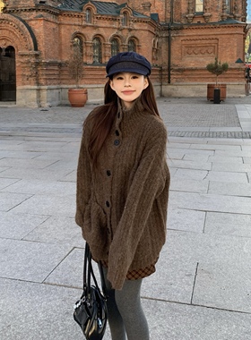 3MER哦哦三妹 韩系高领排扣毛衣女秋冬慵懒宽松加厚针织开衫外套
